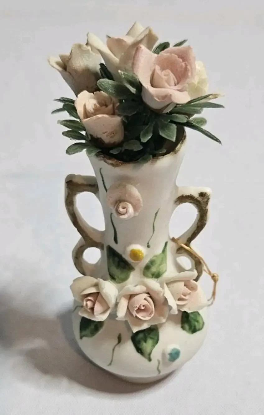 Vintage Miniature Porcelain Bud Vase Applied Pink Roses Floral Figurine Decor